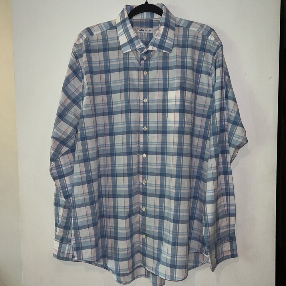PETER MILLAR Light Blue Multi Plaid Sport Shirt XL Long Sleeve